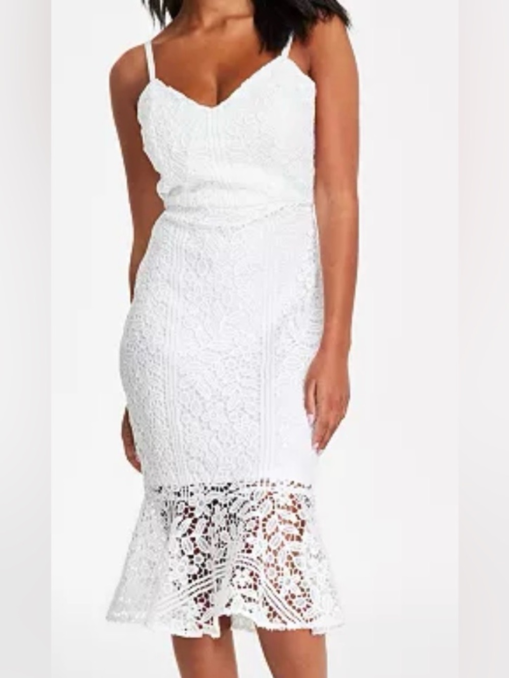 🤍 White Lace Spaghetti-Strap Midi Dress with Flared Hem 🤍